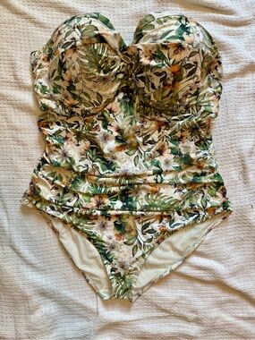 Floral, Ruched, Strapless One-Piece Swimsuit -  Women